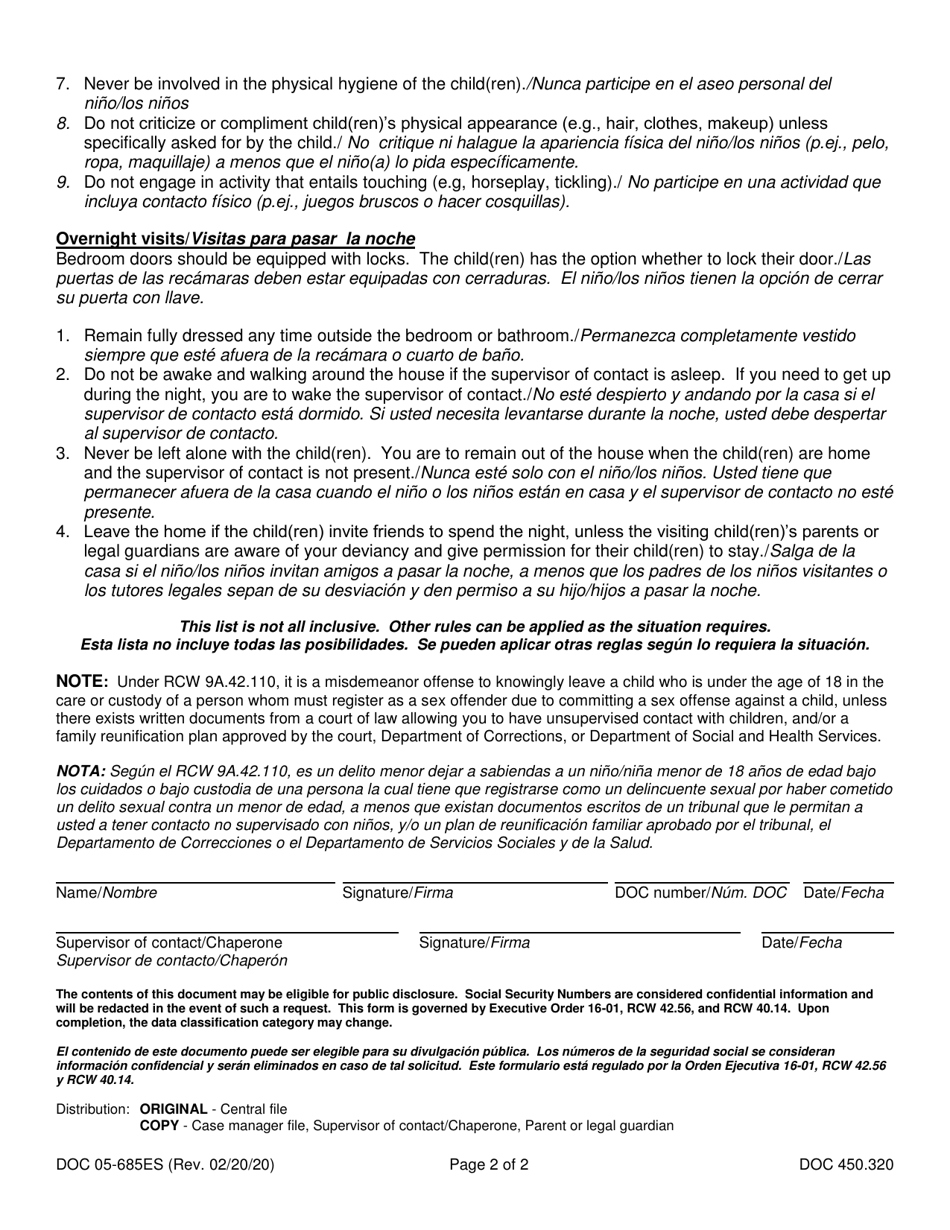 Form DOC05-685ES Rules for Contact With Victims or Minors - Washington (English / Spanish), Page 2
