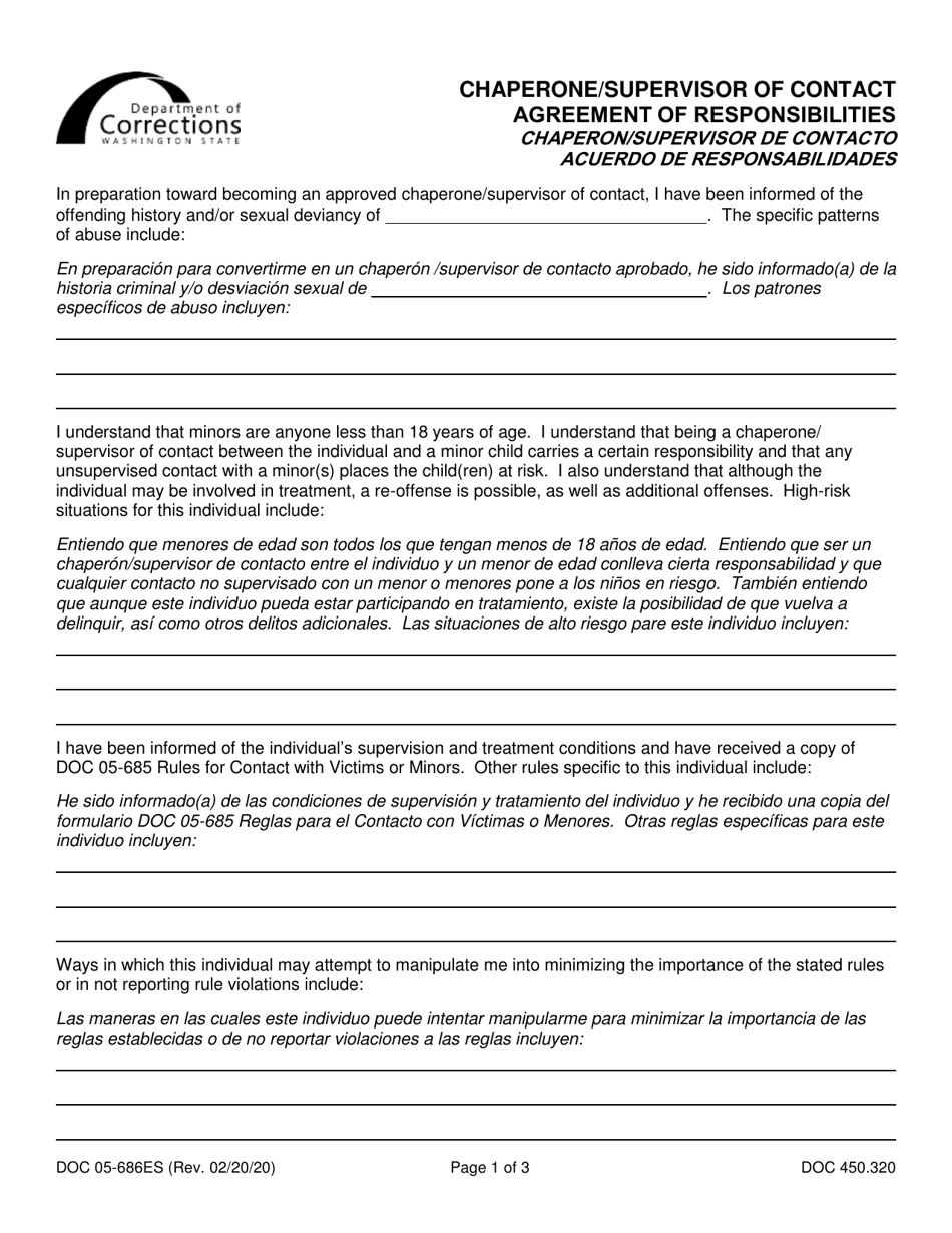 Form DOC05-686ES Chaperone / Supervisor of Contact Agreement of Responsibilities - Washington (English / Spanish), Page 1