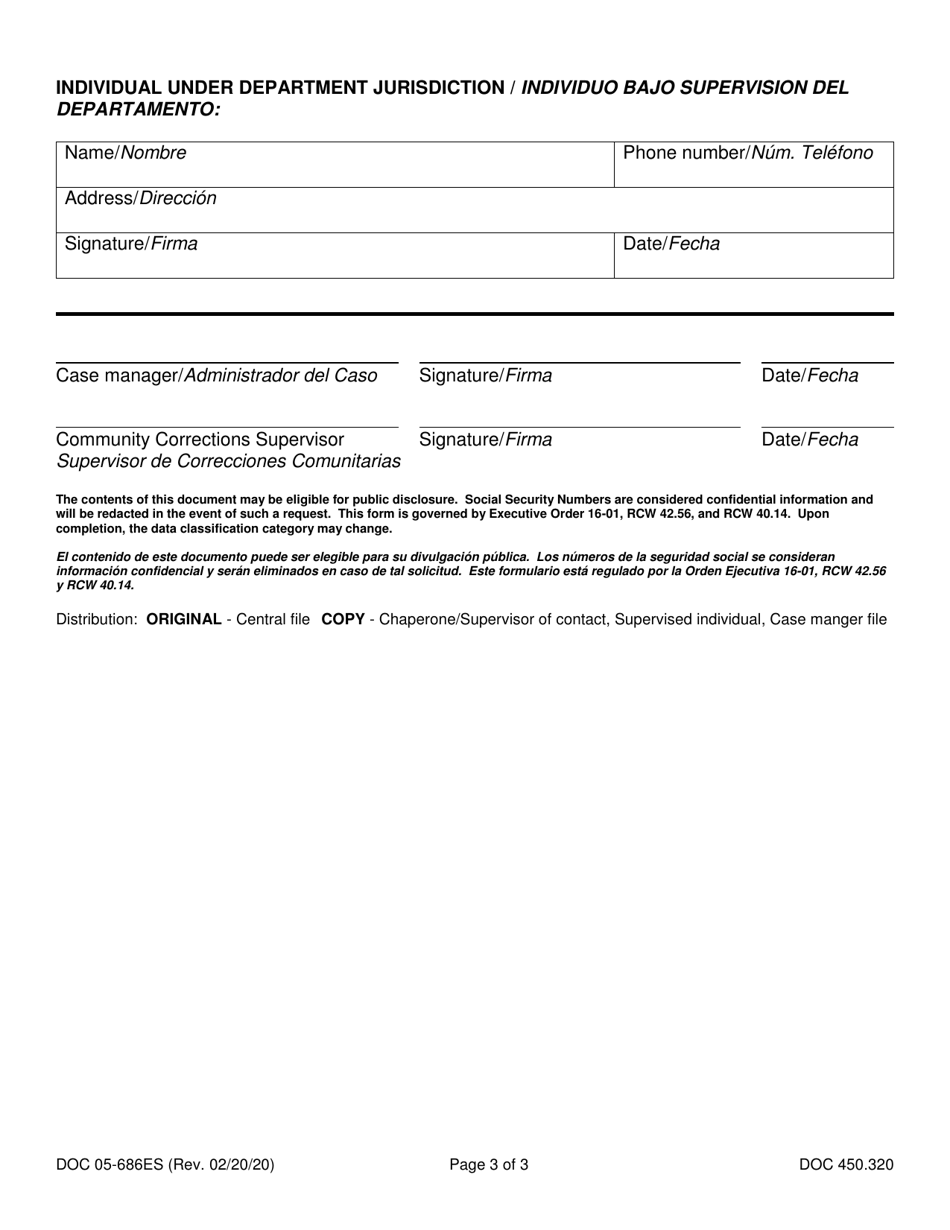 Form DOC05-686ES Chaperone / Supervisor of Contact Agreement of Responsibilities - Washington (English / Spanish), Page 3