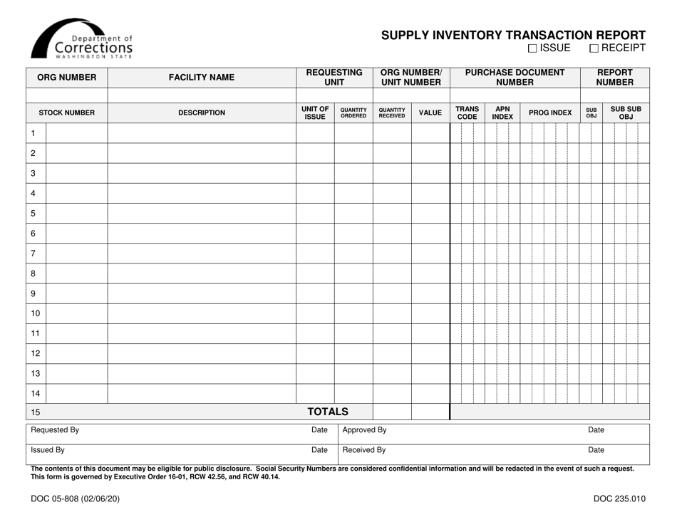 Form DOC05-808 Supply Inventory Transaction Report - Washington, Page 1