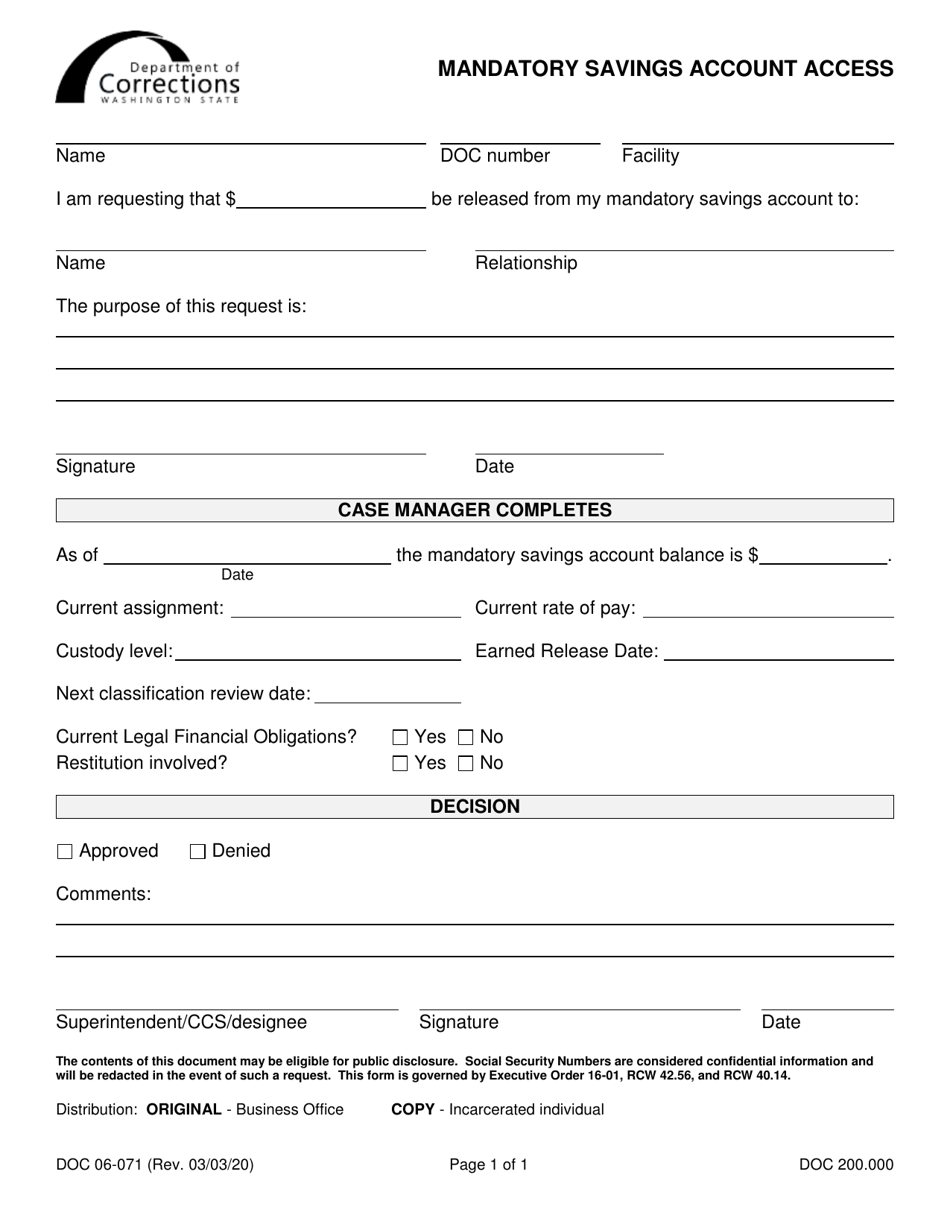 Form DOC06-071 Mandatory Savings Account Access - Washington, Page 1