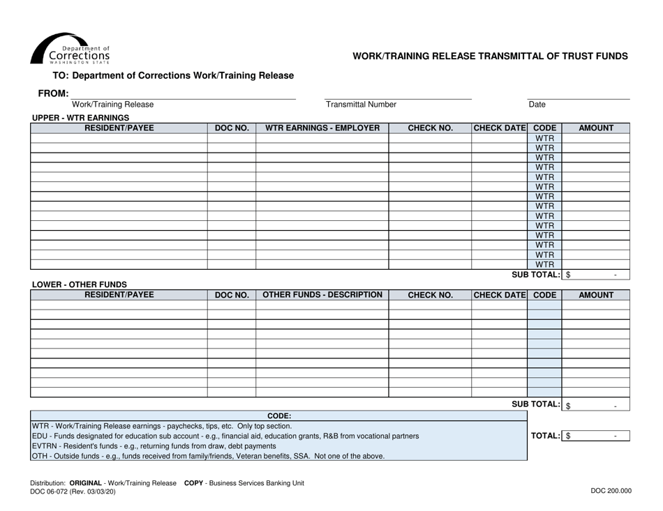 Form DOC06-072 Work / Training Release Transmittal of Trust Funds - Washington, Page 1