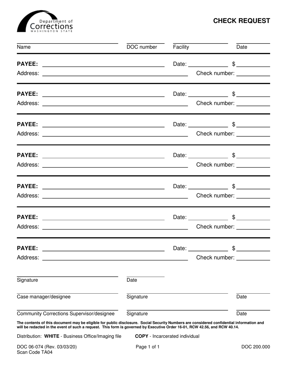 Form DOC06-074 Check Request - Washington, Page 1