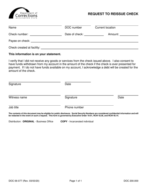 Form DOC06-077 Request to Reissue Check - Washington