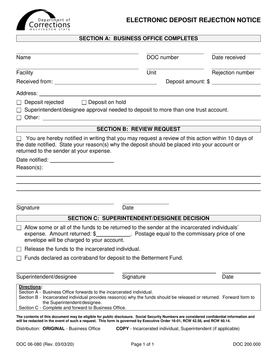 Form DOC06-080 Electronic Deposit Rejection Notice - Washington, Page 1