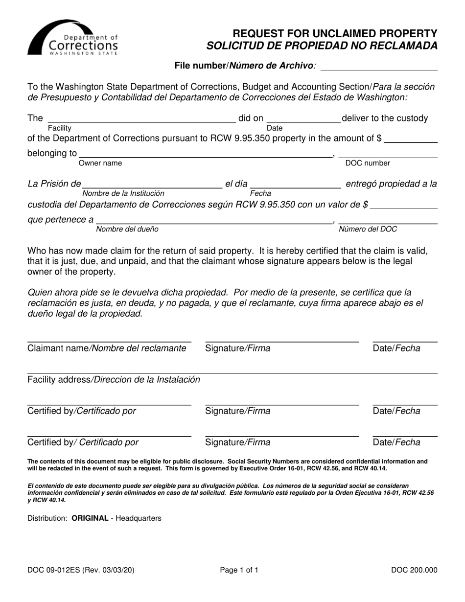 Form DOC09-012ES Request for Unclaimed Property - Washington (English / Spanish), Page 1