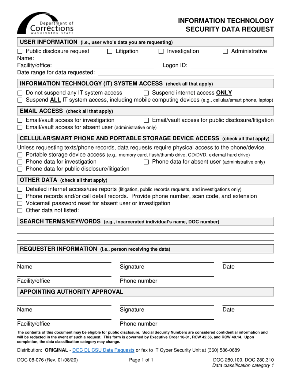 Form DOC08-076 Information Technology Security Data Request - Washington, Page 1