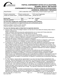Form DOC09-230ES Partial Confinement Notice of Allegations, Hearing, Rights, and Waiver - Washington (English/Spanish)