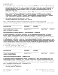 Form DOC09-230ES Partial Confinement Notice of Allegations, Hearing, Rights, and Waiver - Washington (English/Spanish), Page 3