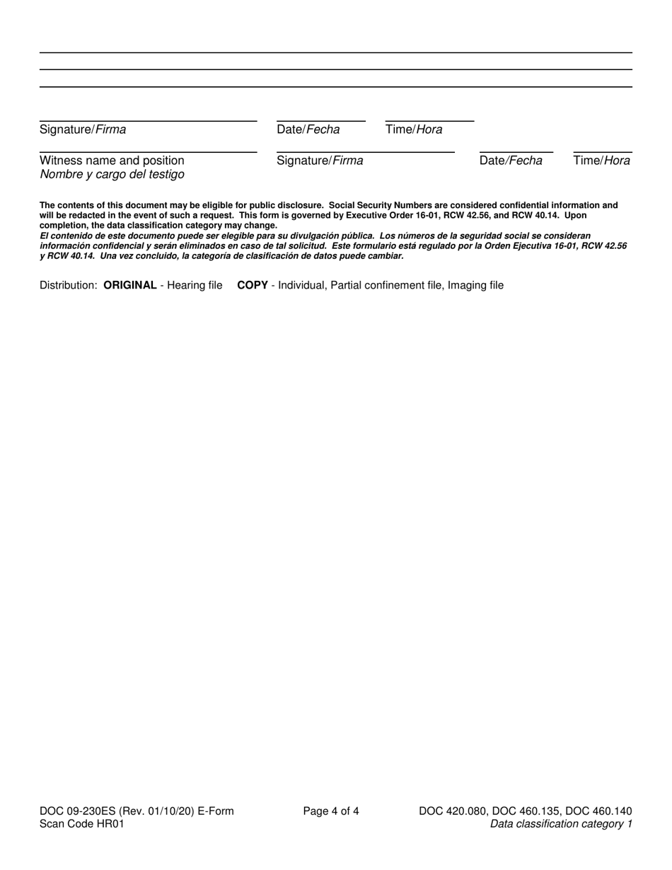 Form DOC09-230ES Partial Confinement Notice of Allegations, Hearing, Rights, and Waiver - Washington (English / Spanish), Page 4