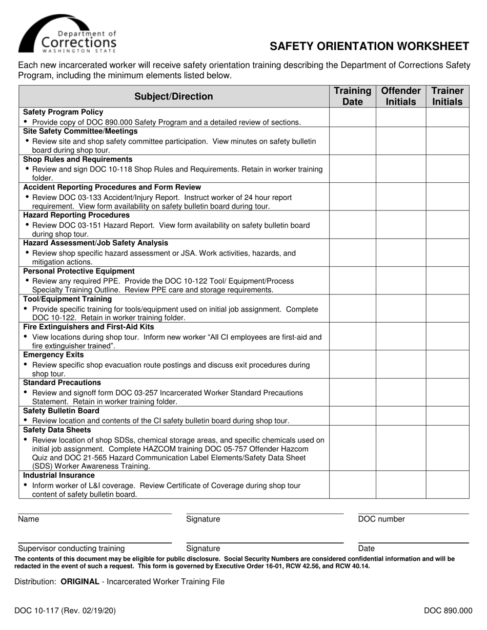 Form DOC10-117 Safety Orientation Worksheet - Washington, Page 1