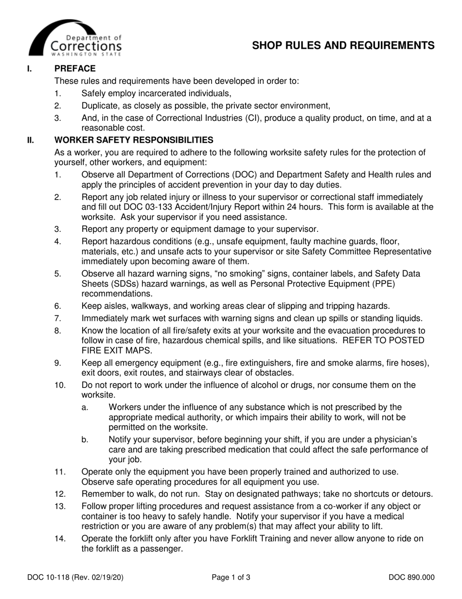 Form DOC10-118 Shop Rules and Requirements - Washington, Page 1