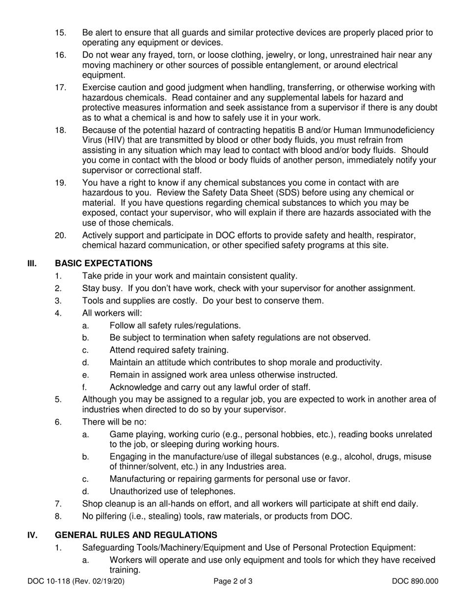 Form DOC10-118 Shop Rules and Requirements - Washington, Page 2