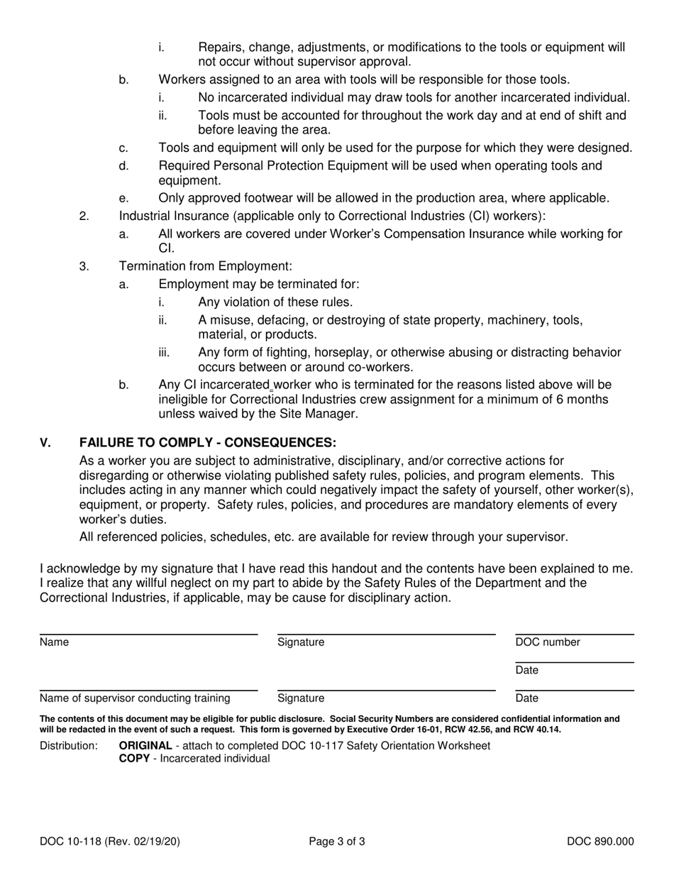 Form DOC10-118 Shop Rules and Requirements - Washington, Page 3