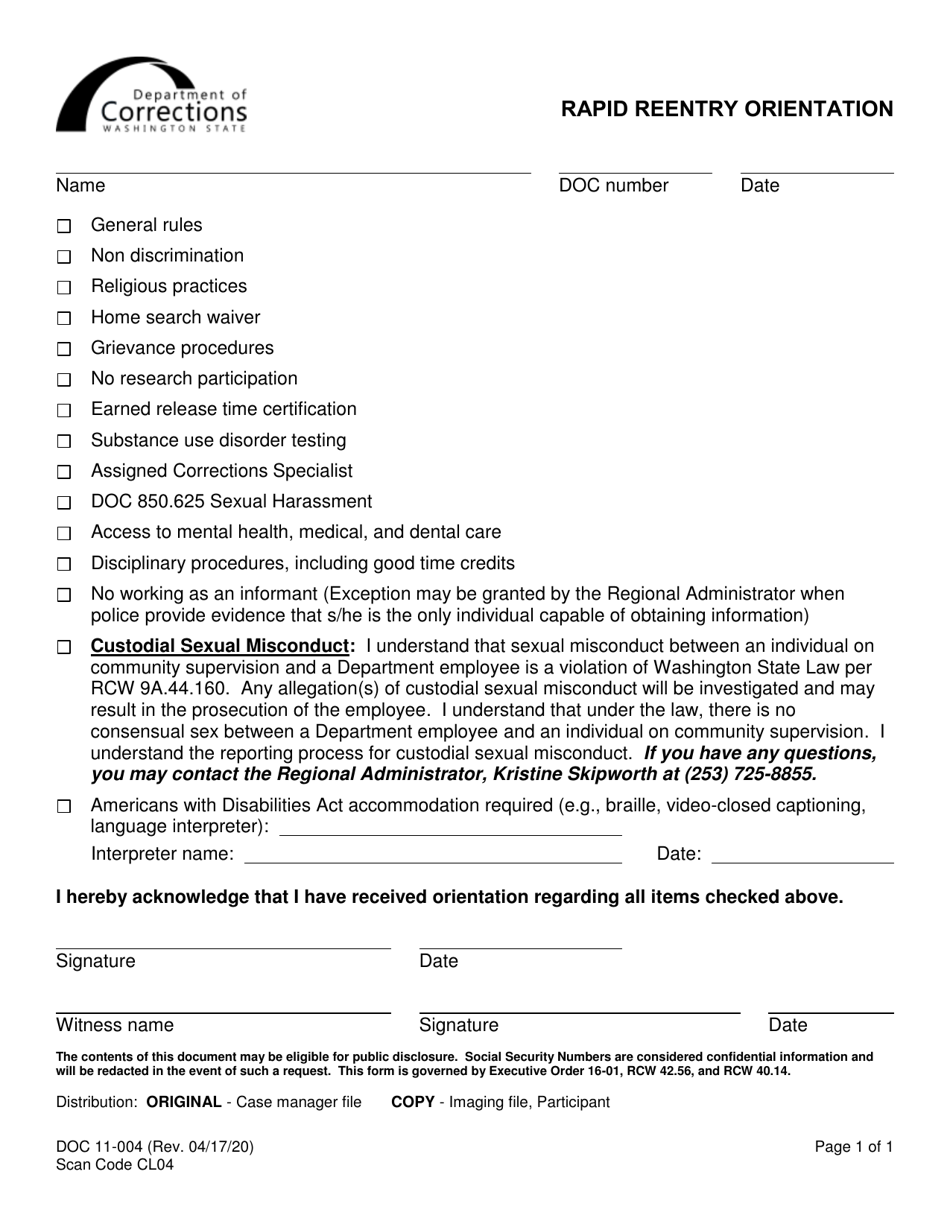Form DOC11-004 Rapid Reentry Orientation - Washington, Page 1