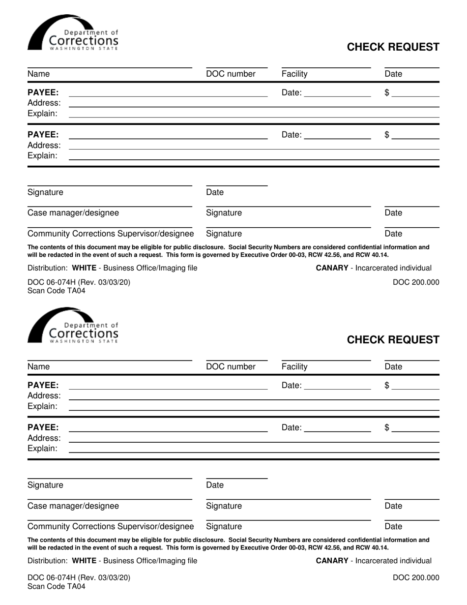 Form DOC06-074H Check Request - Washington, Page 1