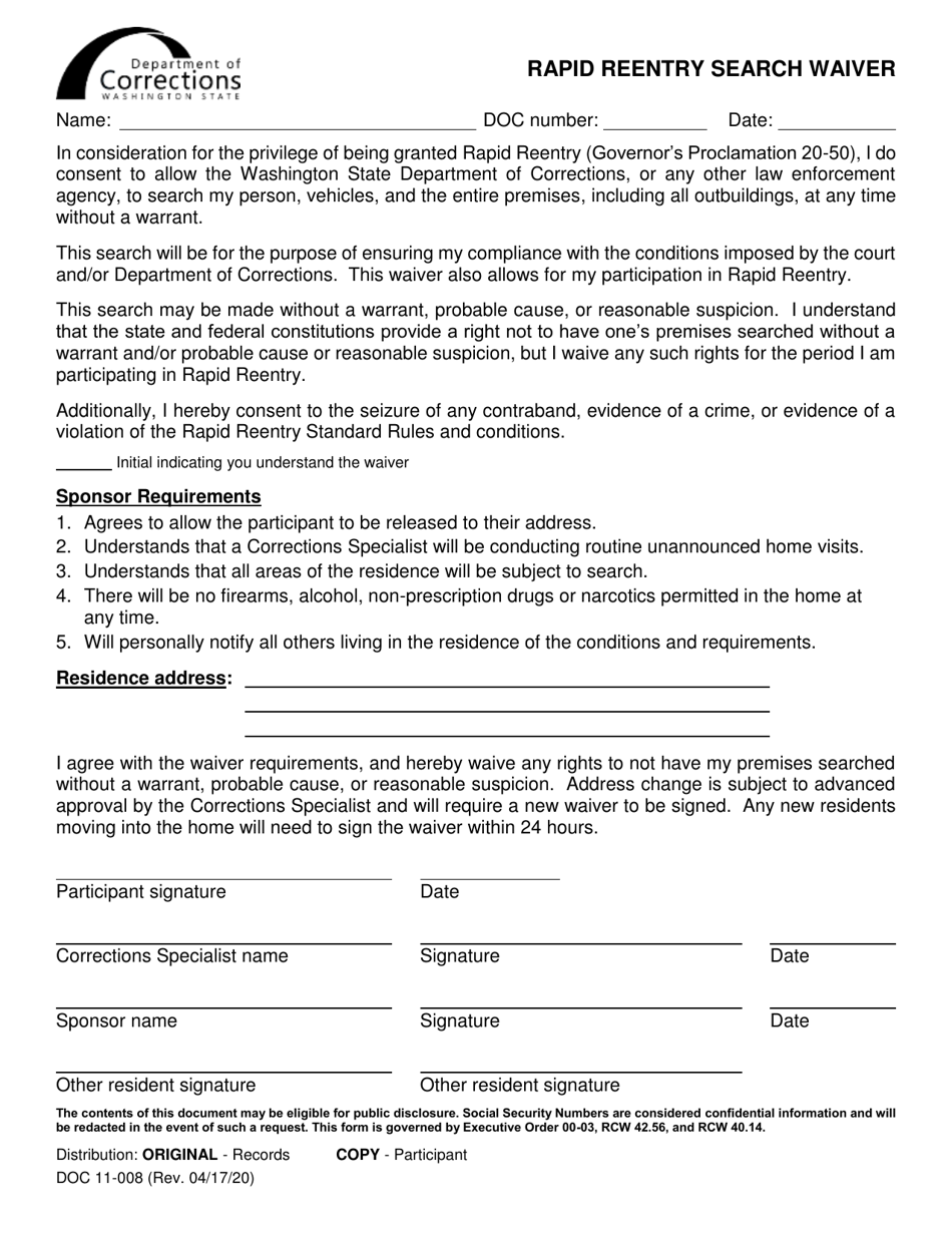 Form DOC11-008 Rapid Reentry Search Waiver - Washington, Page 1