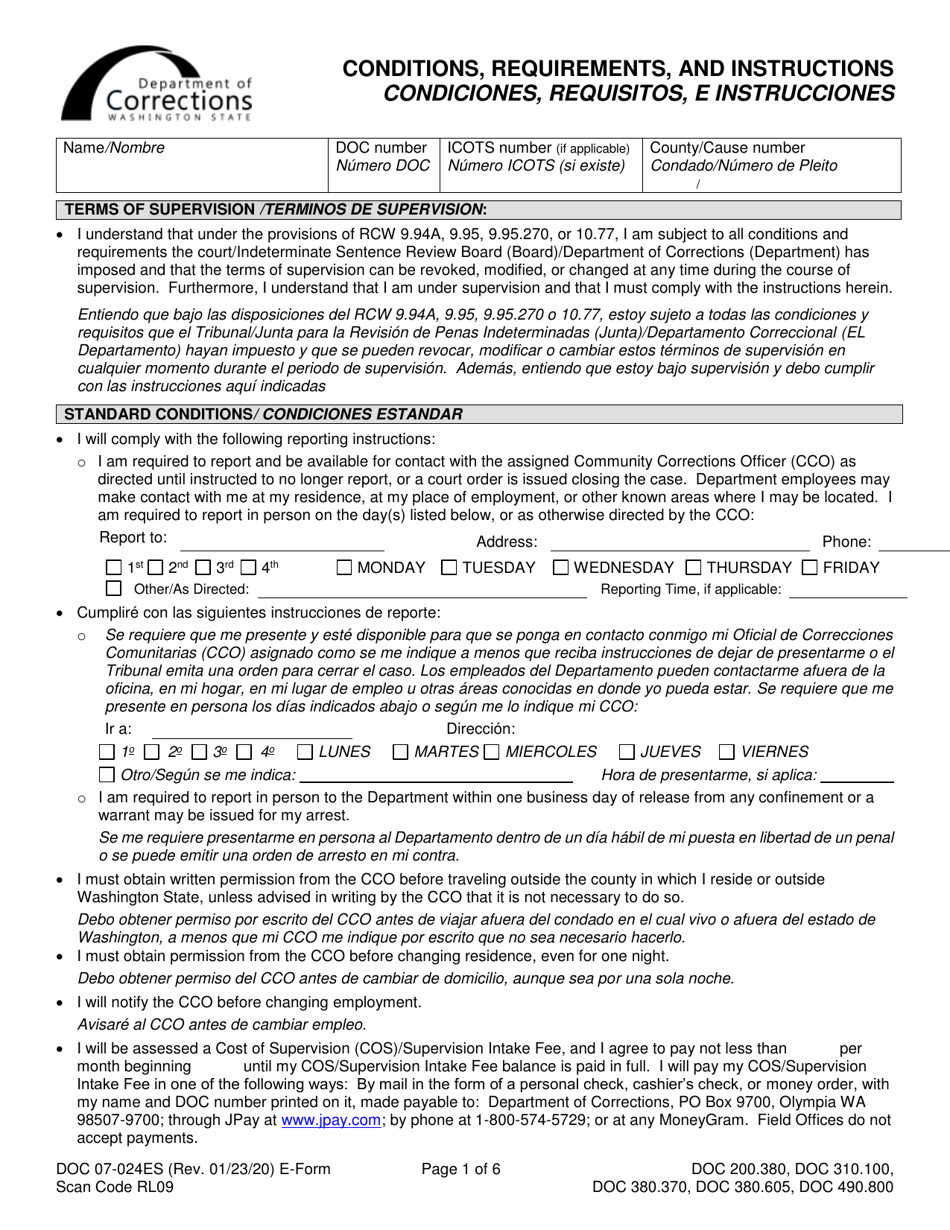 Form DOC07-024ES Conditions, Requirements, and Instructions - Washington (English / Spanish), Page 1