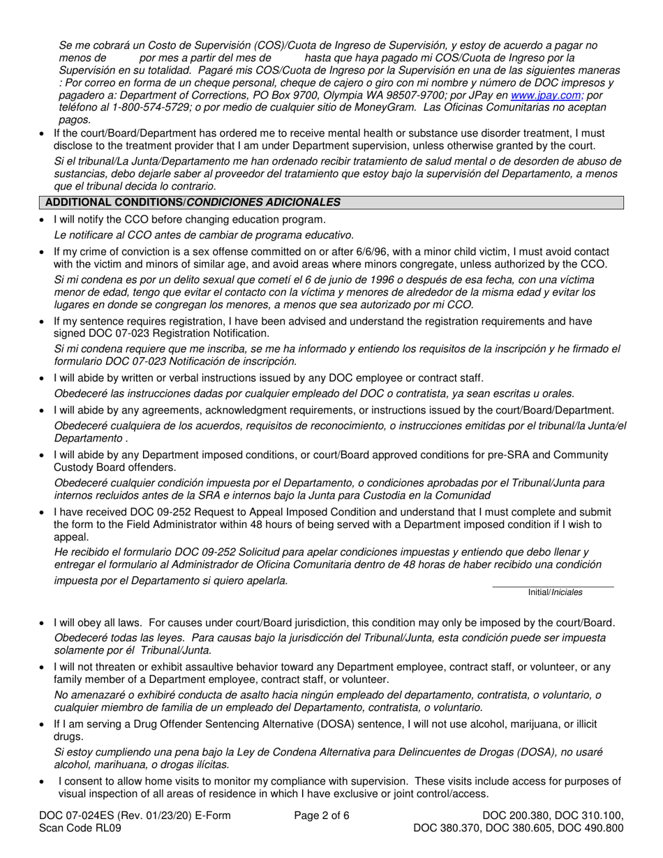 Form DOC07-024ES Conditions, Requirements, and Instructions - Washington (English / Spanish), Page 2