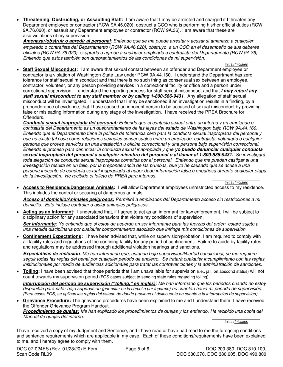 Form DOC07-024ES Conditions, Requirements, and Instructions - Washington (English / Spanish), Page 5