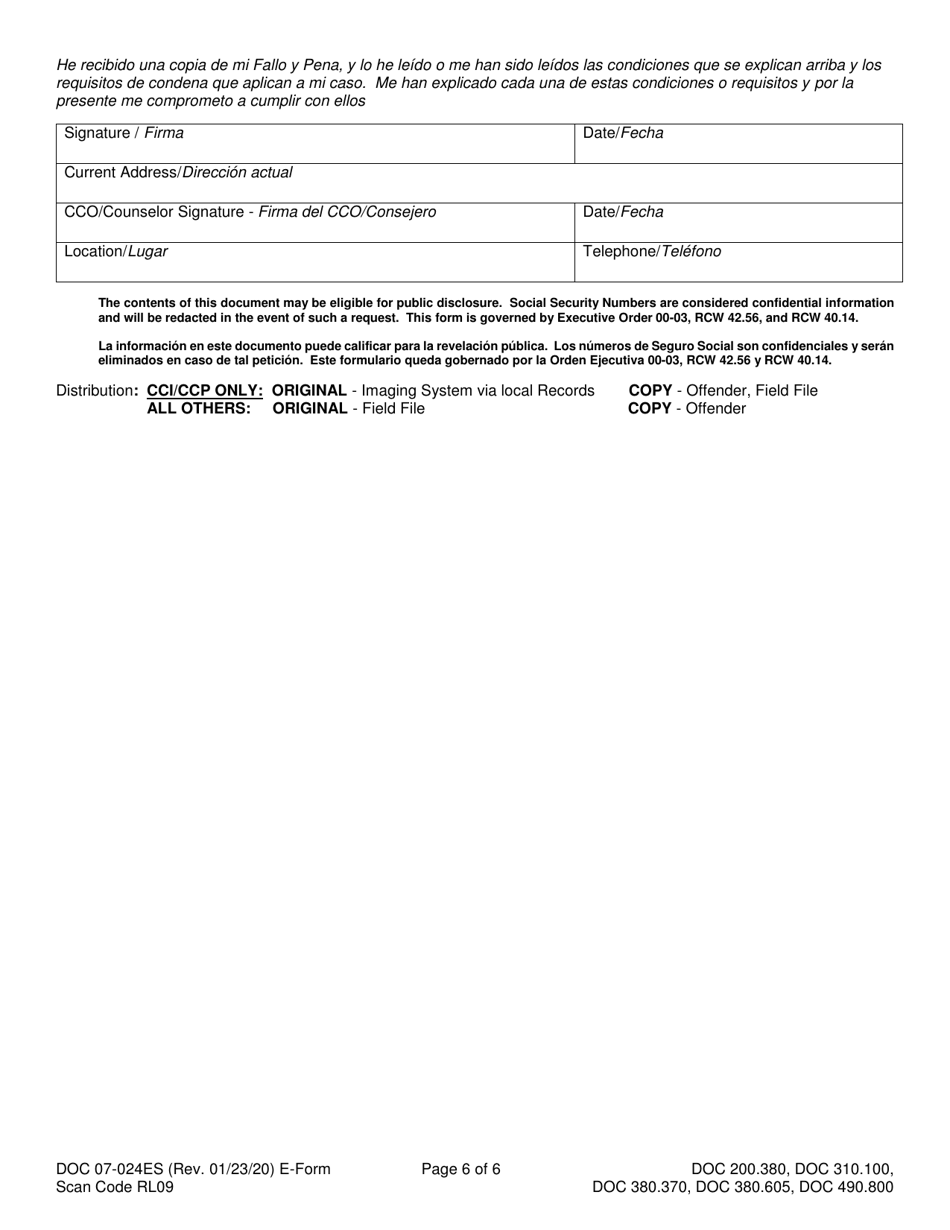 Form DOC07-024ES Conditions, Requirements, and Instructions - Washington (English / Spanish), Page 6