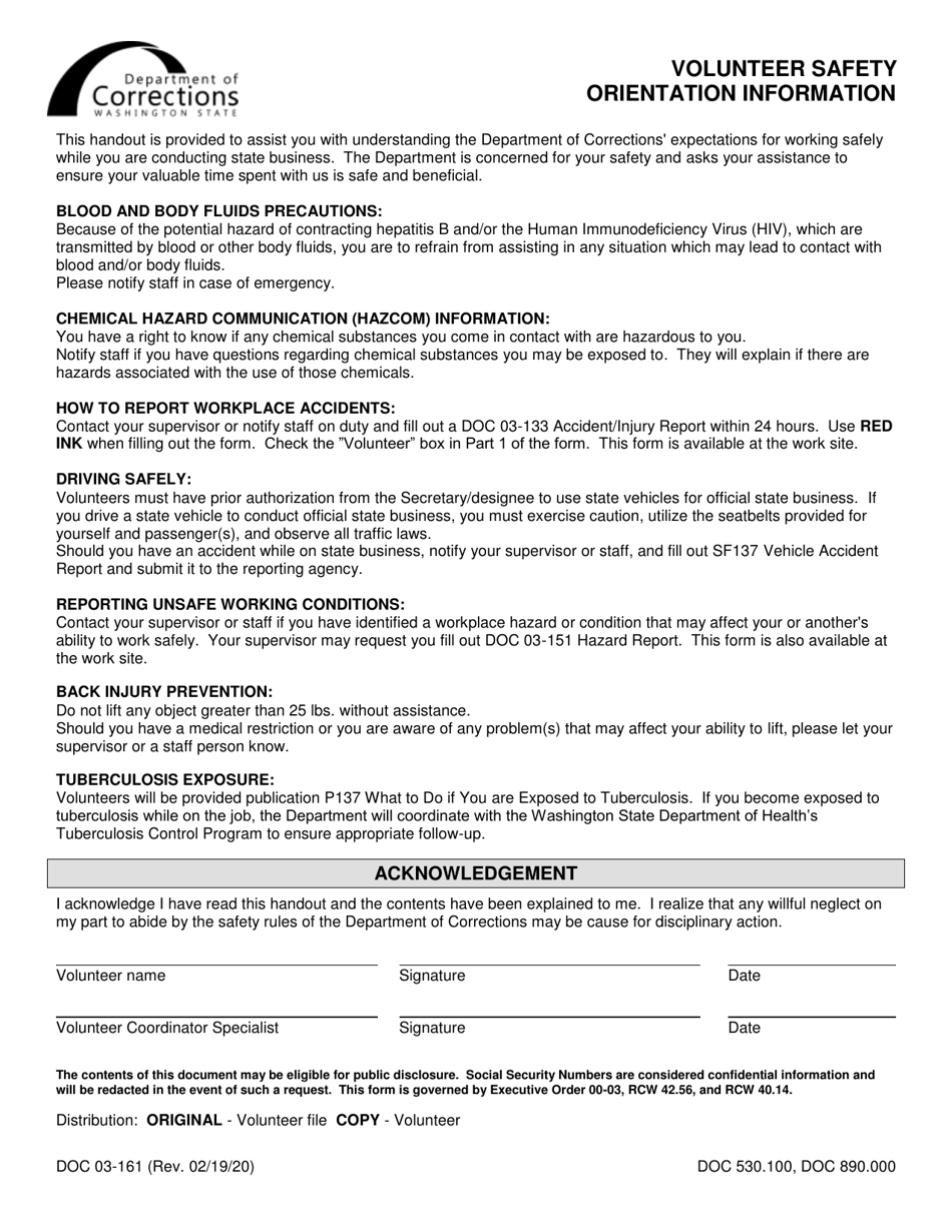 Form DOC03-161 Volunteer Safety Orientation Information - Washington, Page 1