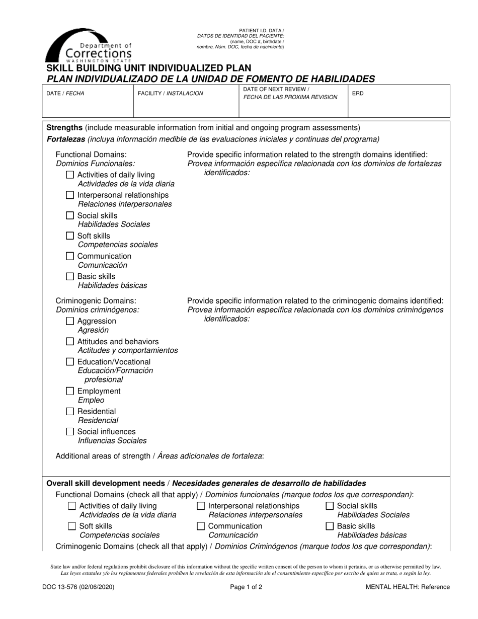 Form DOC13-576ES Skill Building Unit Individualized Plan - Washington (English / Spanish), Page 1