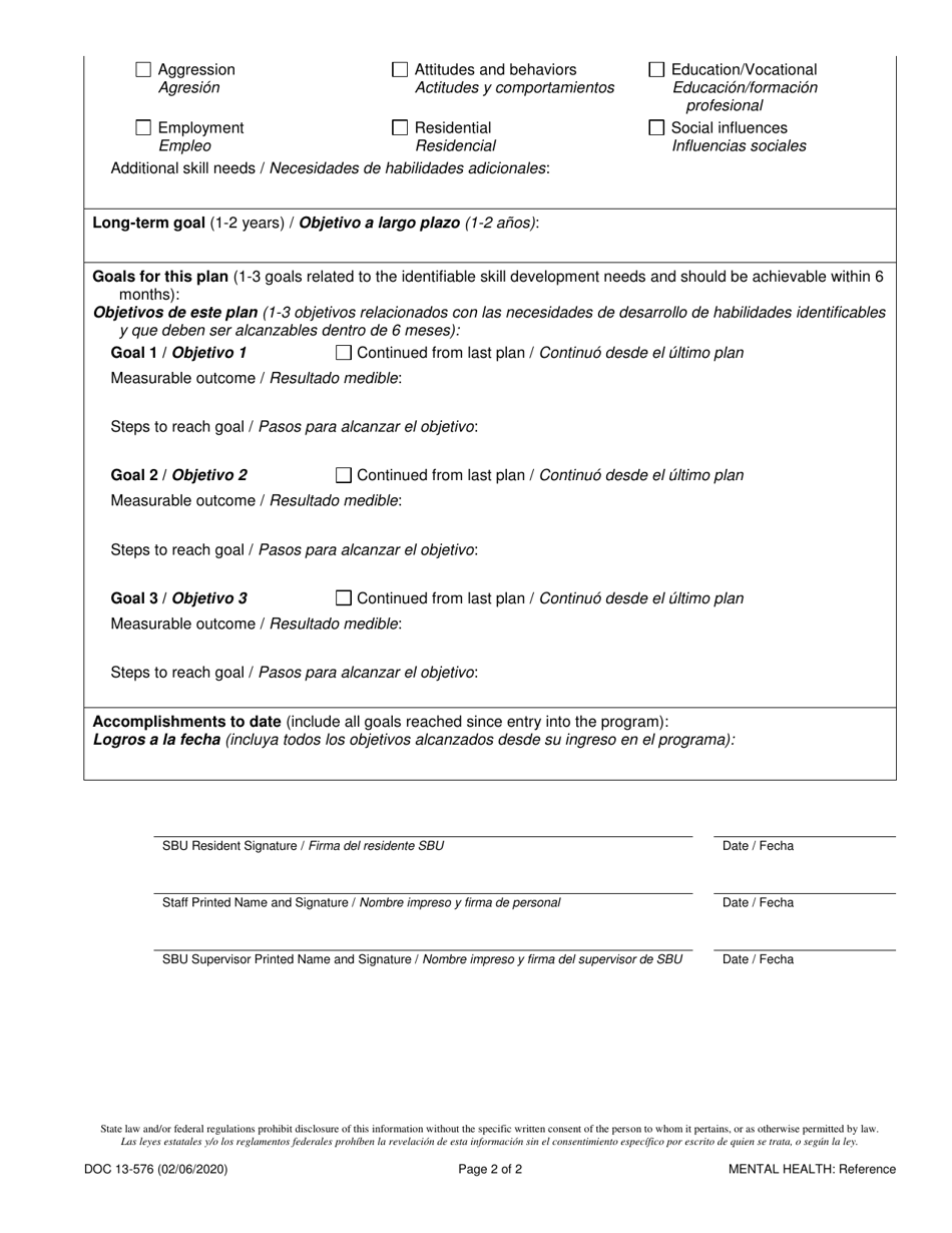 Form DOC13-576ES Skill Building Unit Individualized Plan - Washington (English / Spanish), Page 2