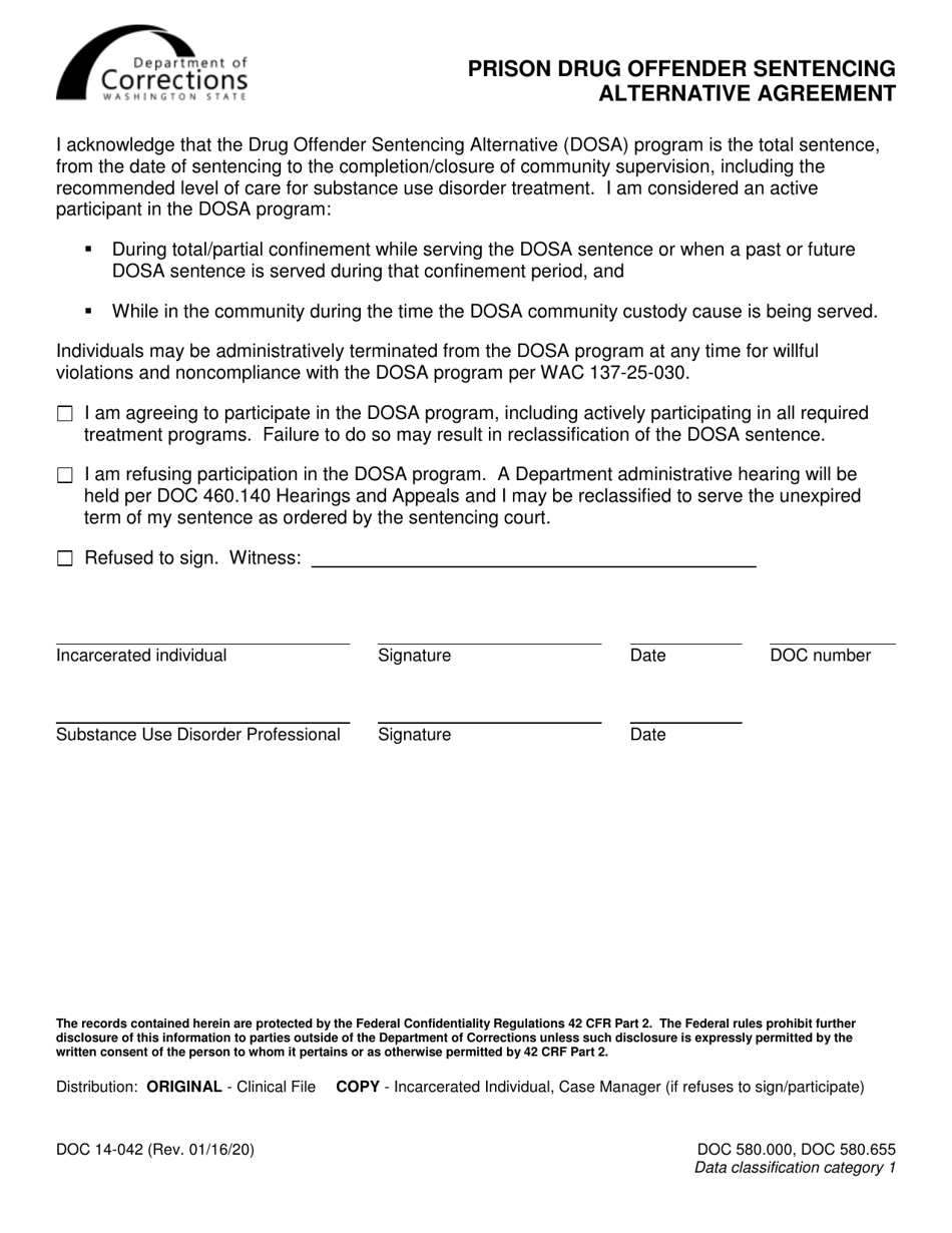 Form DOC14-042 Prison Drug Offender Sentencing Alternative Agreement - Washington, Page 1