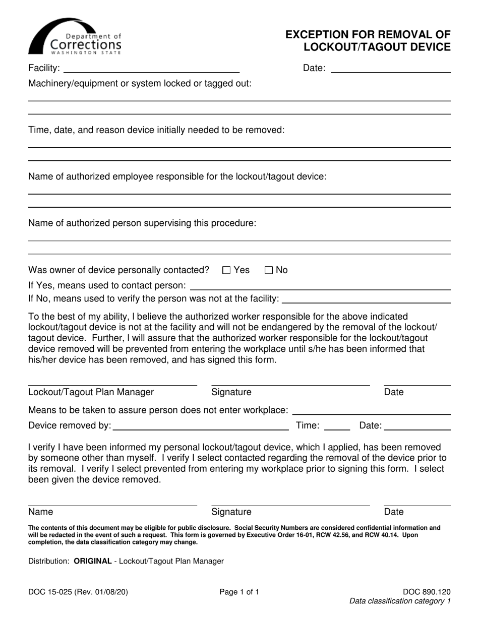 Form DOC15-025 Exception for Removal of Lockout / Tagout Device - Washington, Page 1