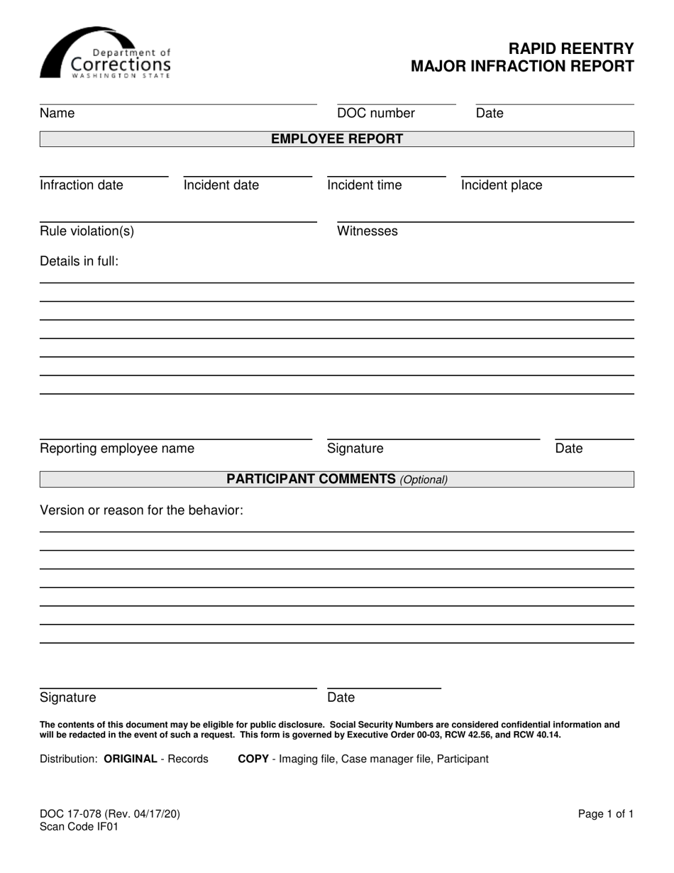 Form DOC17-078 Rapid Reentry Major Infraction Report - Washington, Page 1