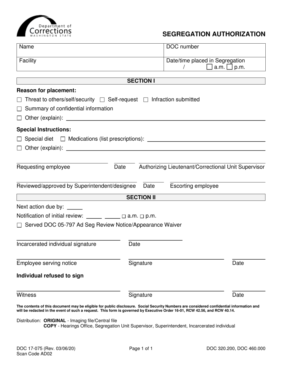 Form DOC17-075 Segregation Authorization - Washington, Page 1