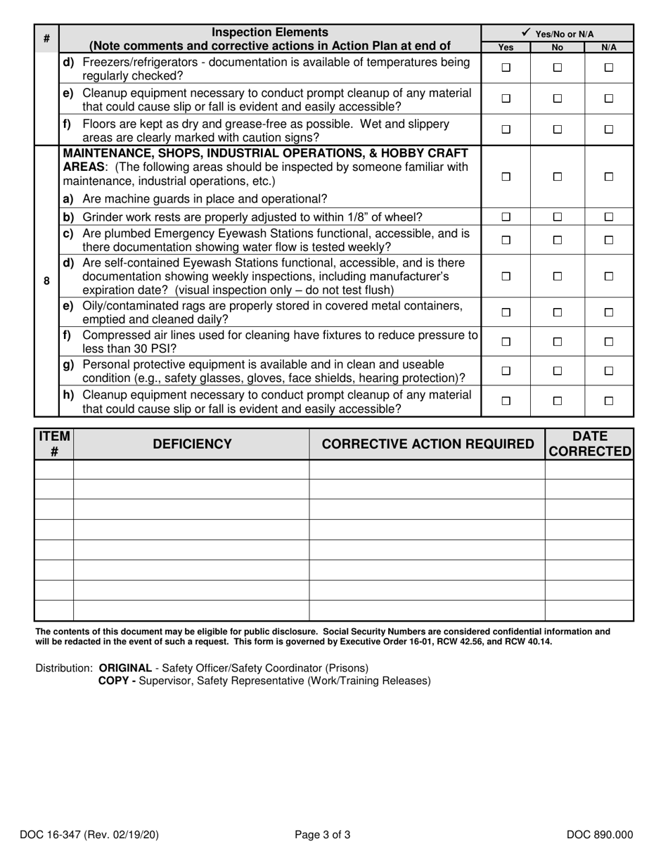 Form DOC16-347 Monthly Safety  Sanitation Inspection - Washington, Page 3