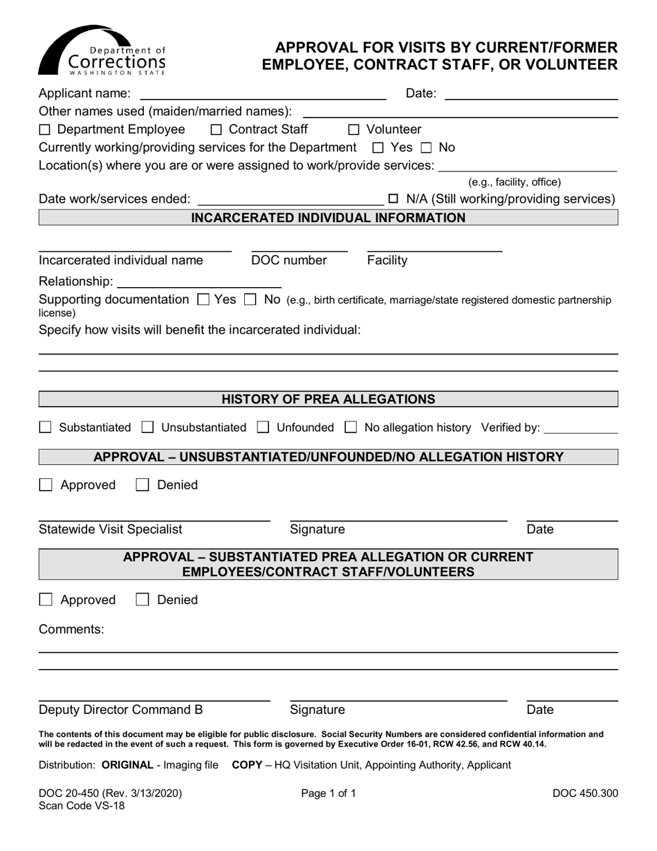 Form DOC20-450 Approval for Visits by Current / Former Employee, Contract Staff, or Volunteer - Washington, Page 1