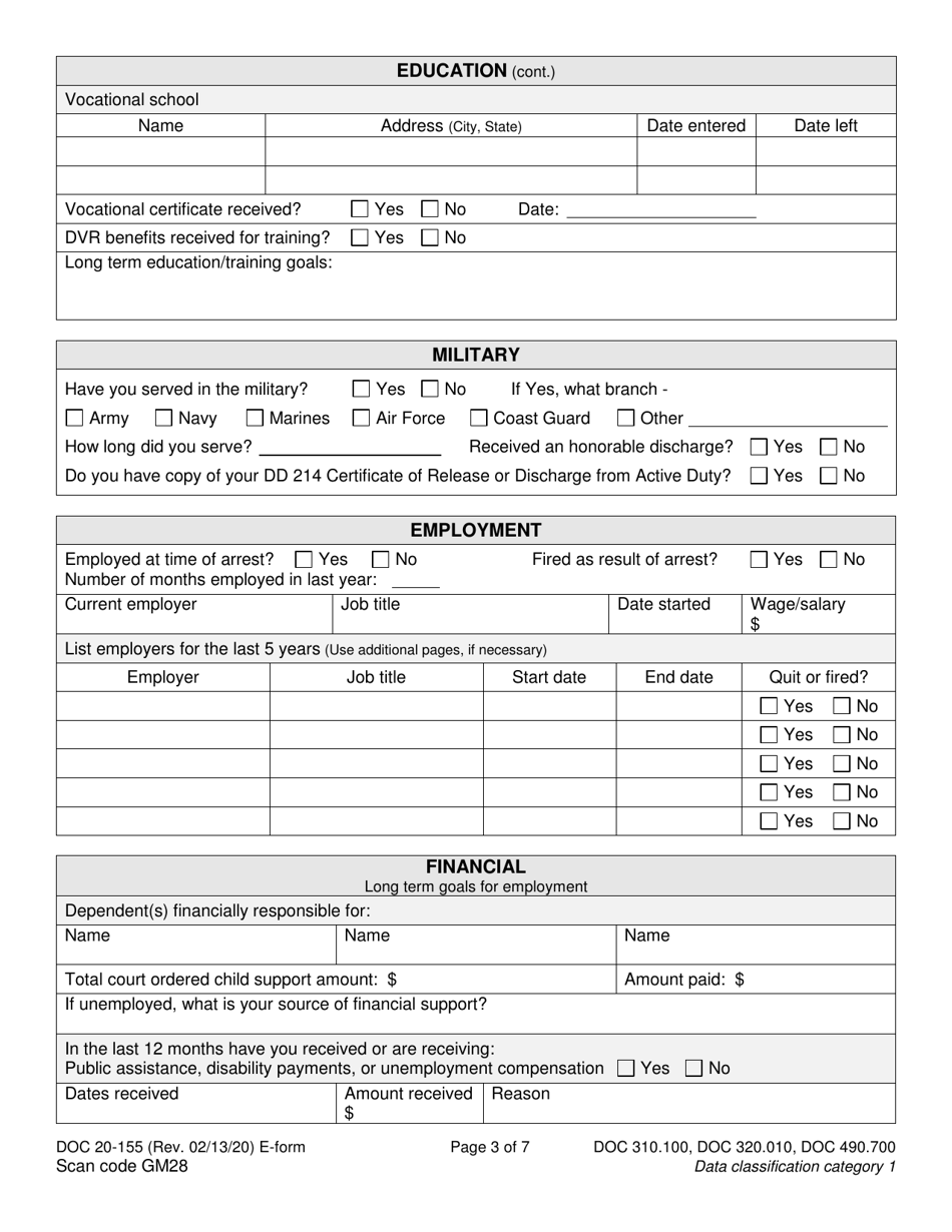 Form DOC20-155 Intake / Pre-sentence Report Information Sheet - Washington, Page 3