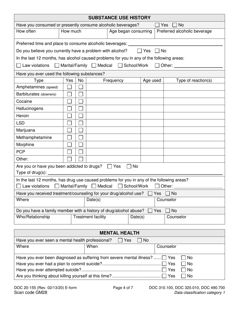 Form DOC20-155 Intake / Pre-sentence Report Information Sheet - Washington, Page 4