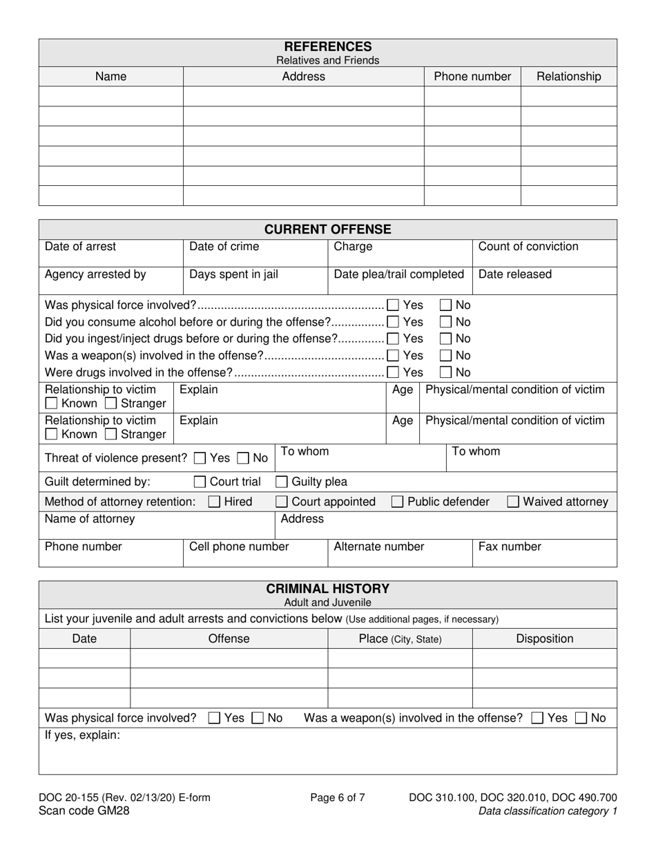 Form DOC20-155 Intake / Pre-sentence Report Information Sheet - Washington, Page 6