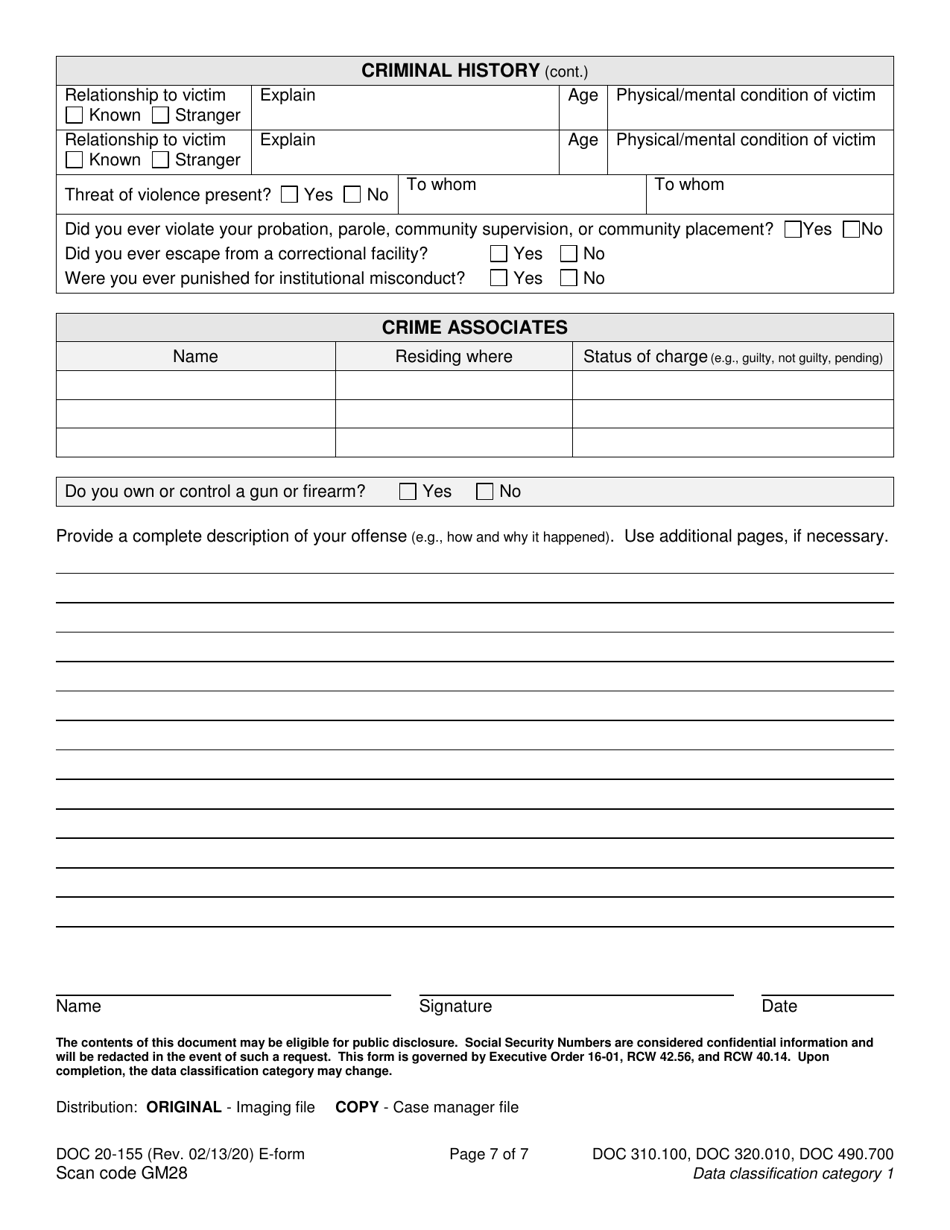 Form DOC20-155 Intake / Pre-sentence Report Information Sheet - Washington, Page 7