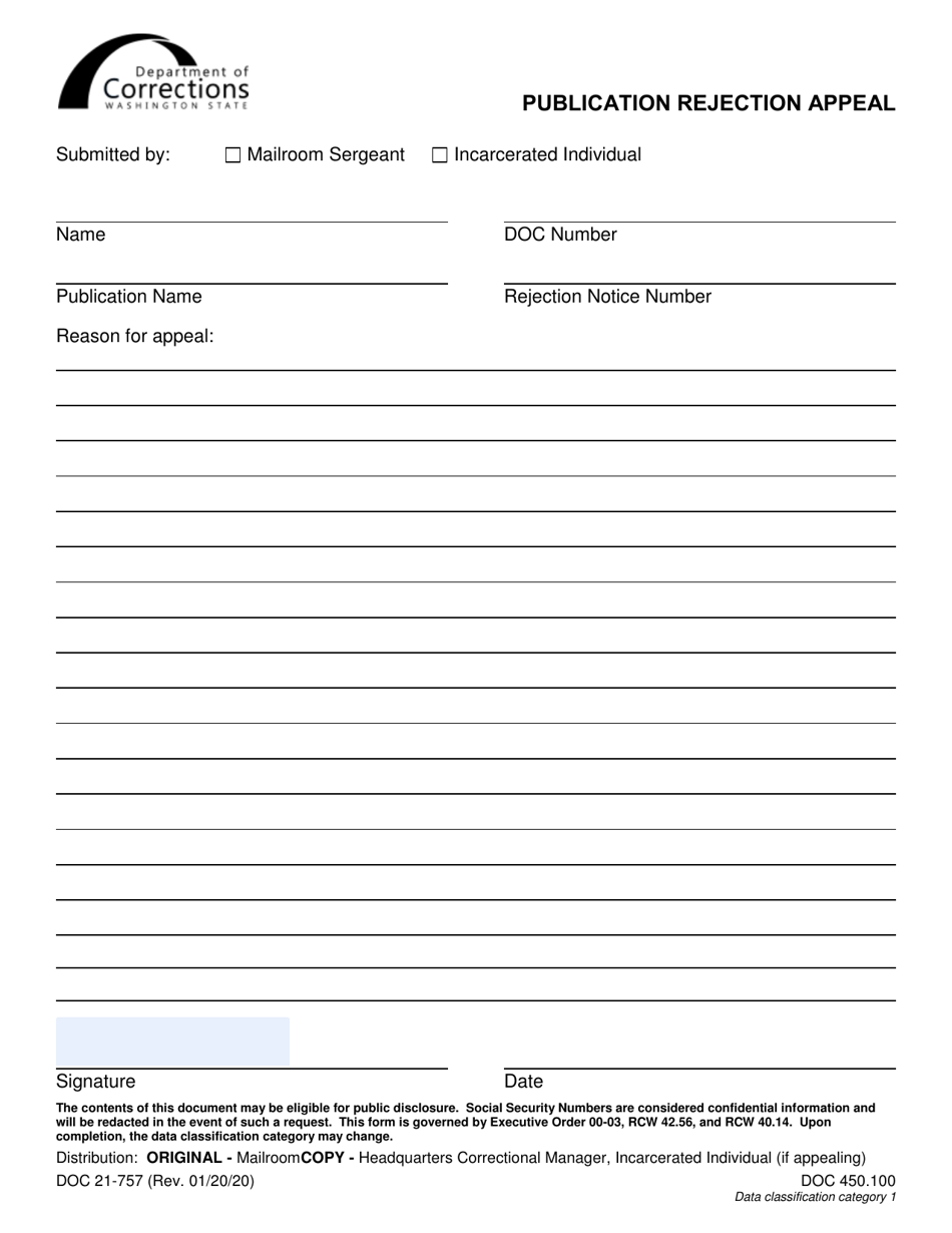 Form DOC21-757 Publication Rejection Appeal - Washington, Page 1