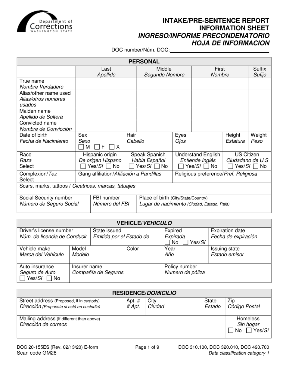Form DOC20-155ES Intake / Pre-sentence Report Information Sheet - Washington (English / Spanish), Page 1