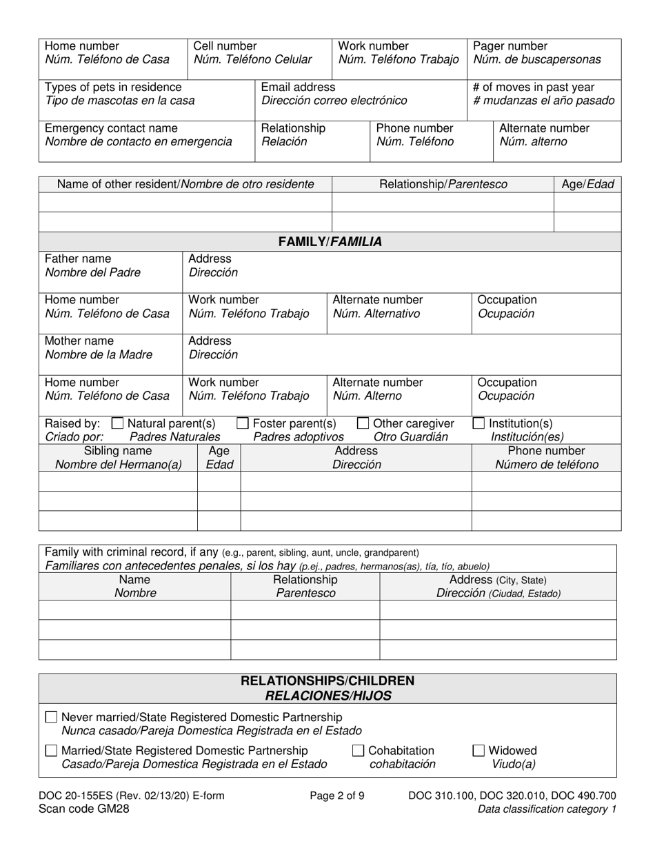 Form DOC20-155ES Intake / Pre-sentence Report Information Sheet - Washington (English / Spanish), Page 2