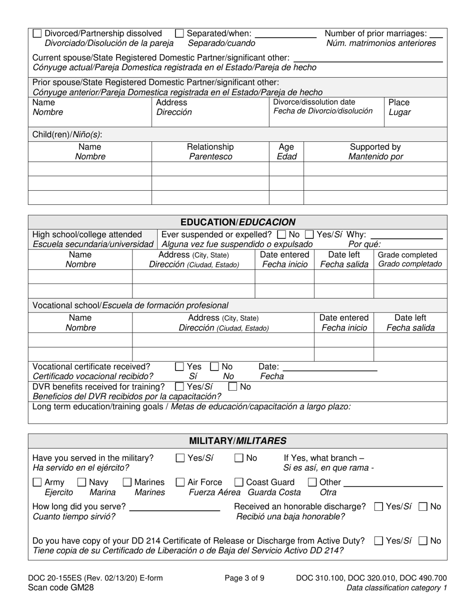 Form DOC20-155ES Intake / Pre-sentence Report Information Sheet - Washington (English / Spanish), Page 3