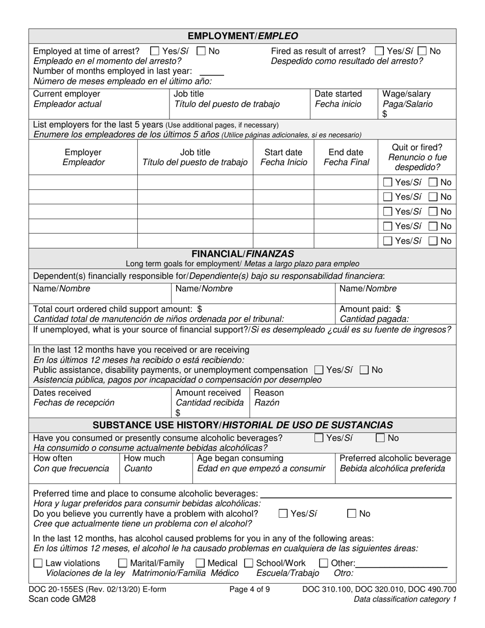 Form DOC20-155ES Intake / Pre-sentence Report Information Sheet - Washington (English / Spanish), Page 4