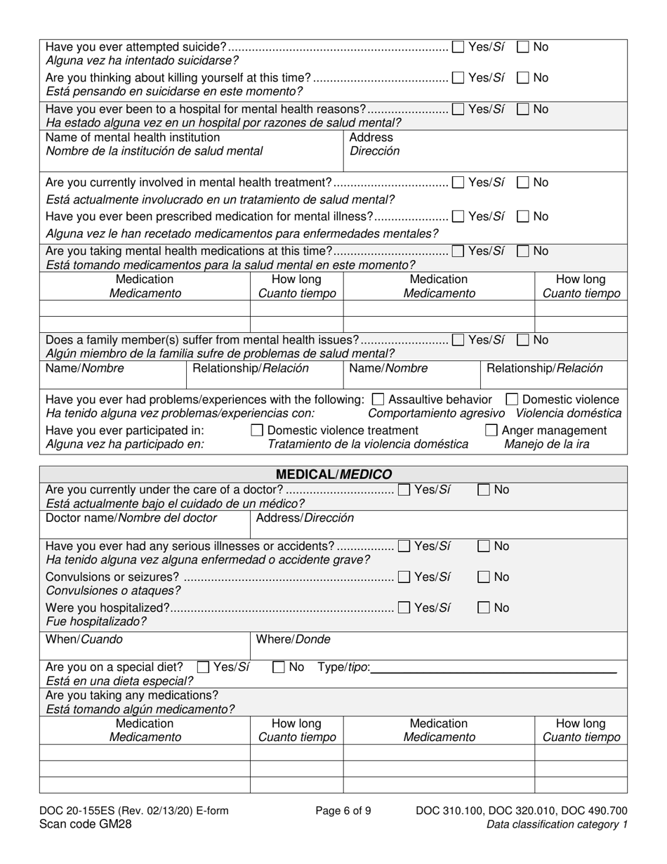Form DOC20-155ES Intake / Pre-sentence Report Information Sheet - Washington (English / Spanish), Page 6