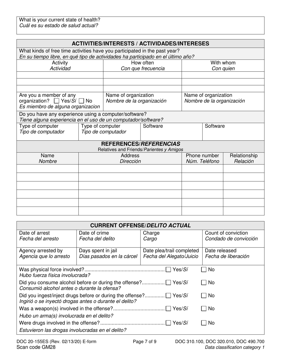 Form DOC20-155ES Intake / Pre-sentence Report Information Sheet - Washington (English / Spanish), Page 7