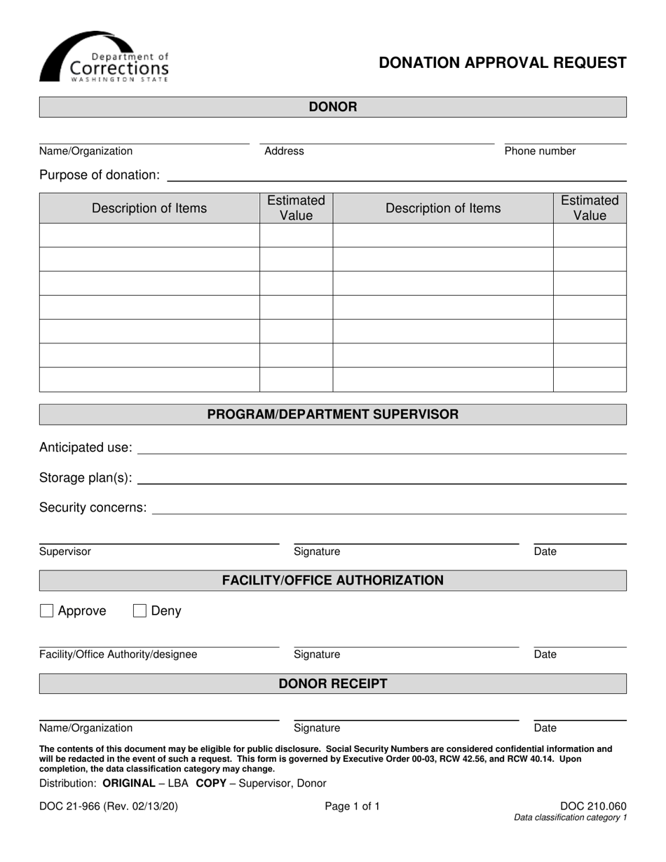 Form DOC21-966 Donation Approval Request - Washington, Page 1