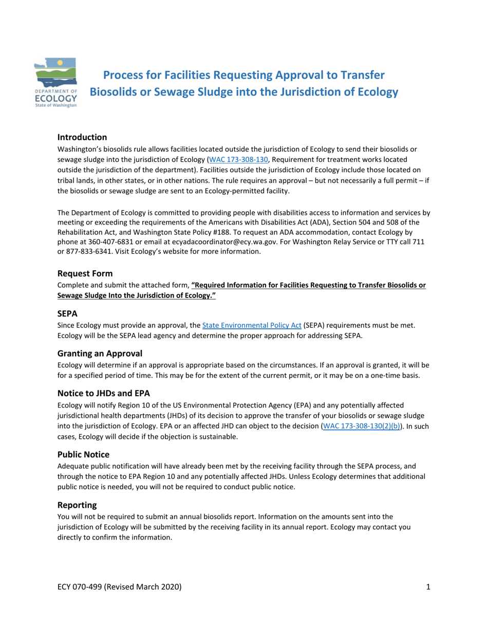 Form ECY070-499 Process for Facilities Requesting to Transfer Biosolids or Sewage Sludge Into the Jurisdiction of Ecology - Washington, Page 1