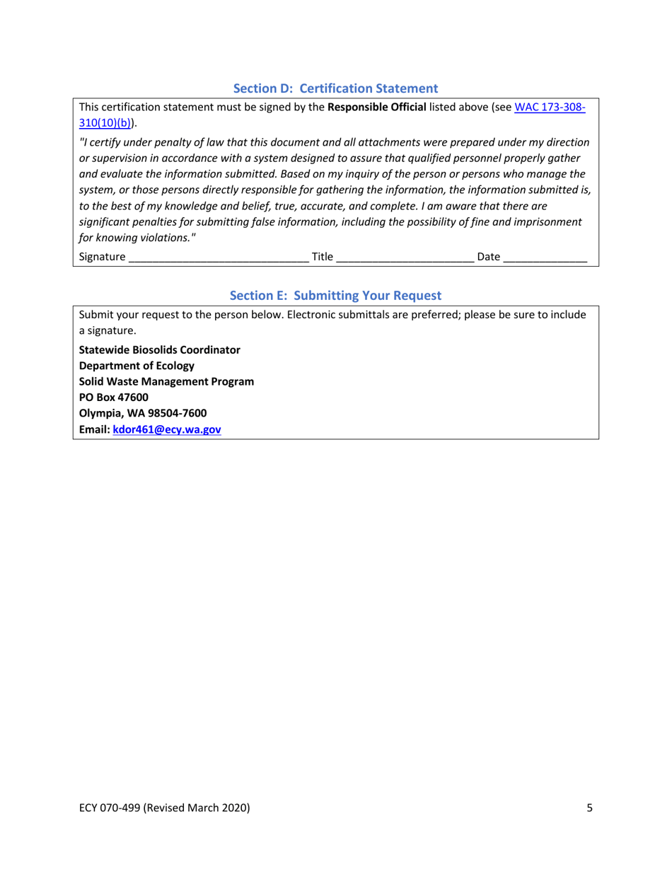 Form ECY070-499 Process for Facilities Requesting to Transfer Biosolids or Sewage Sludge Into the Jurisdiction of Ecology - Washington, Page 5