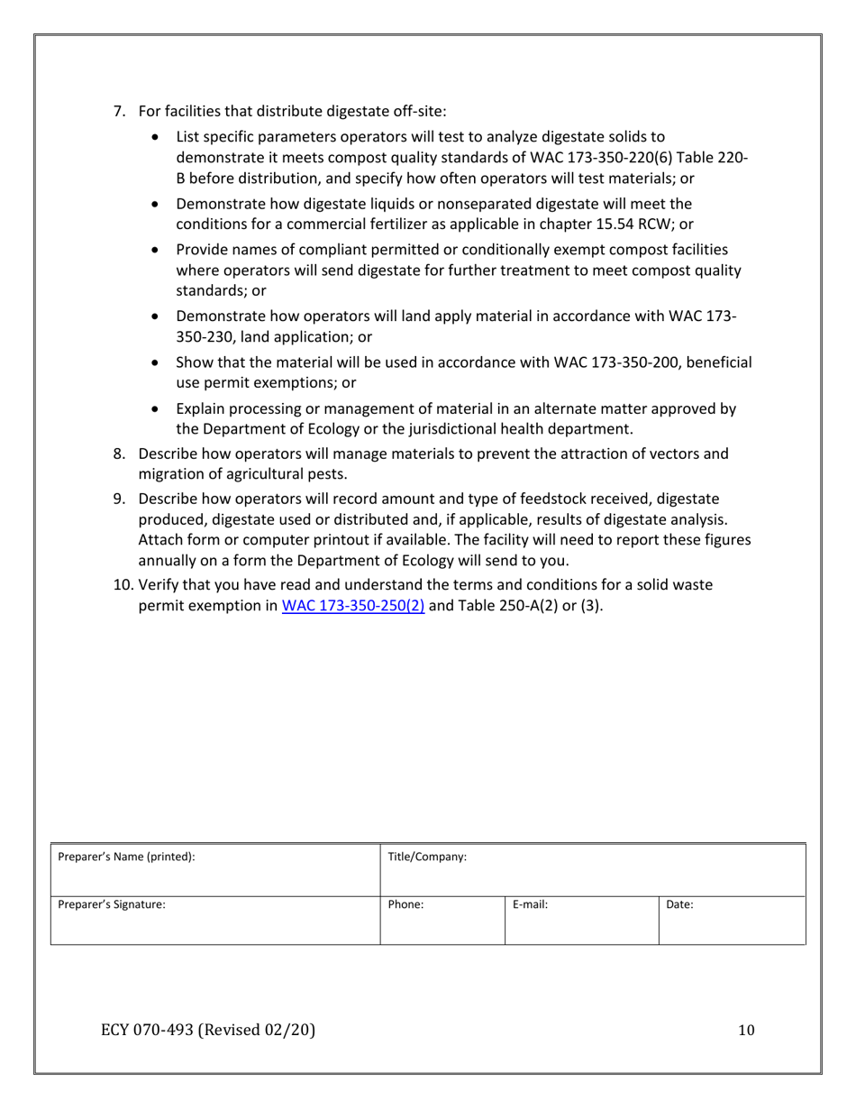Form ECY070-493 Notice of Intent to Operate Under Terms and Conditions for Solid Waste Permit Exemption - Washington, Page 10