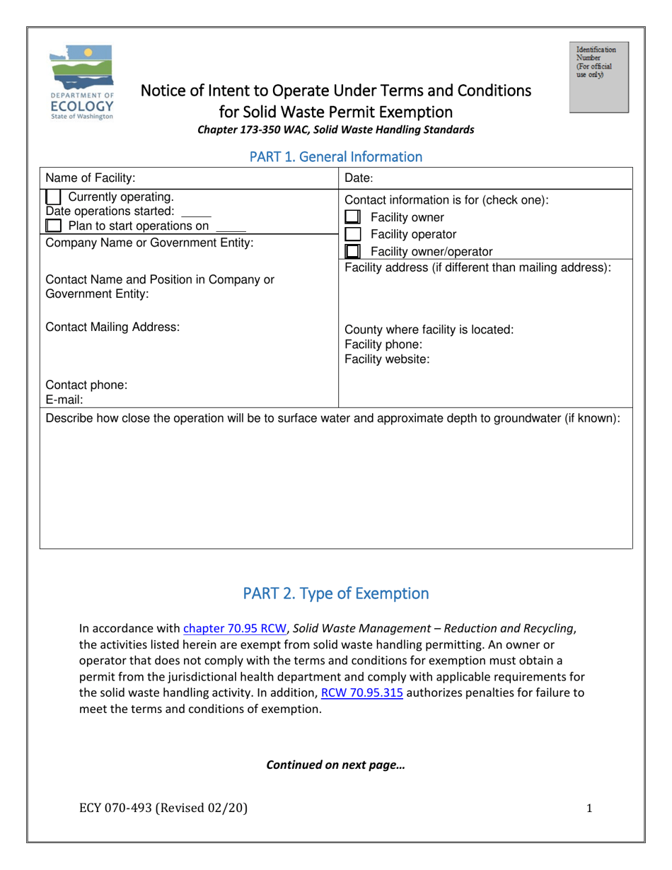 Form ECY070-493 Notice of Intent to Operate Under Terms and Conditions for Solid Waste Permit Exemption - Washington, Page 1